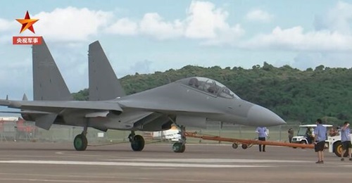 A screengrab from CCTV footage released on 24 September showing the SAC J-16D electronic warfare aircraft in Zhuhai a few days before the start of the Airshow China 2021 defence exhibition.