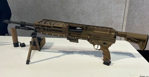 Sig Sauer displays its XM250 automatic rifle at the AUSA 2023 annual conference.