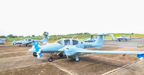 The NAF's four new DA62 surveillance aircraft at the 303 Medium Airlift Group's base in Ilorin.