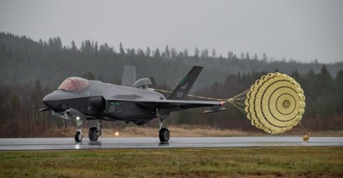 One of two Norwegian F-35As arriving at Vidsel forward operating base, marking the first time this aircraft type has operated in Sweden.