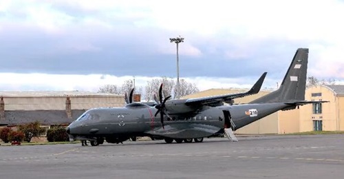 A screenshot from an Irish Air Corps video showing the second C295 maritime patrol aircraft arriving into Casement Aerodrome (also known as Baldonnel Aerodrome) near Dublin.
