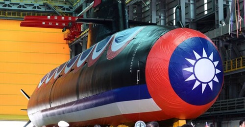 Taiwan's first locally built submarine is seen during the unveiling ceremony at the CSBC Corporation shipbuilding company in Kaohsiung on 28 September.