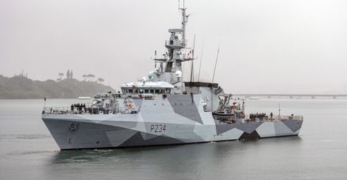 The UK Royal Navy offshore patrol vessel HMS 
        
         is pictured at Pearl Harbor, Hawaii, in December 2021. 
        
         and sister ship 
        
         are permanently forward deployed to the Indo-Pacific region.
