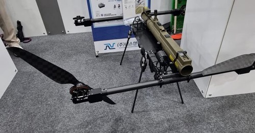 TM-200, displayed at ADEX 2023, is a dual-purpose UAV capable of carrying an auxiliary firearm equipment.