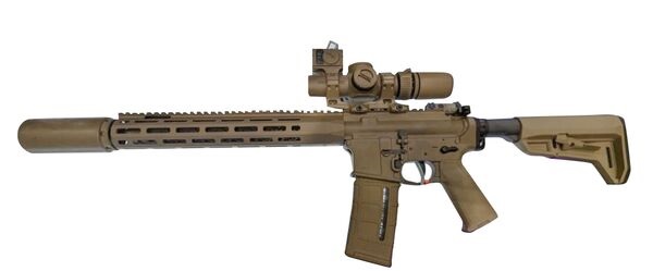 A KS-1 5.56 mm rifle equipped with Vortex LPVO, Aimpoint Micro red dot, and a KAC suppressor. This configuration will be used by the British Army's Ranger Regiment.