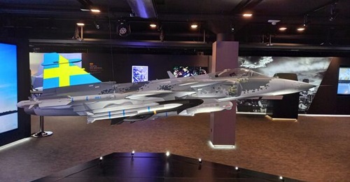 A model of the Gripen E combat aircraft at Saab's headquarters in Stockholm. Sweden has embarked on a national study to determine and develop its successor.