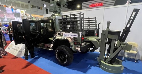 Thailand's DTI and ST Engineering unveiled a 4×4 light utility vehicle fitted with the Singapore company's GDAMS and Adder Light RWS at the Defense & Security 2023 show in Bangkok.