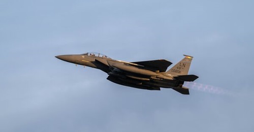 A US Air Force F-15E Strike Eagle assigned to the 494th Fighter Squadron takes off from Royal Air Force Lakenheath, England, for a deployment to an undisclosed Middle East location on 16 October 2023.