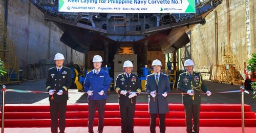 Hyundai Heavy Industries marking the keel laying of the first 3,200 tonne corvette on order for the Philippine Navy.