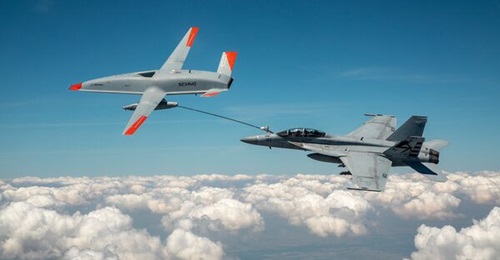 Boeing MQ-25A Stingray test aircraft T1 refuels an F/A-18 Super Hornet in June 2021. The first engineering, manufacturing, and development aircraft is scheduled to be delivered to the US Navy in FY 2025.