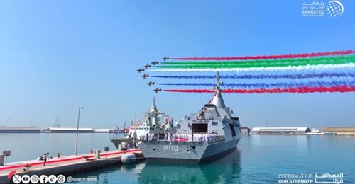 A still from media coverage of the commissioning of
        
        , the first of the UAE's two Gowind corvettes, on 29 November 2023.