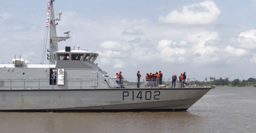 A French naval vessel in the port of Abidjan on 8 November 2019 participates in an exercise with Côte d'Ivoire authorities to tackle piracy in the Gulf of Guinea. International co-operation is key for regional states' efforts to tackle the problem.