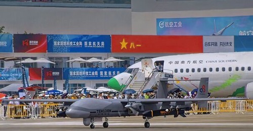 Sichuan Tengden's three-engine Twin Tailed Scorpion A medium-altitude long-endurance UAV seen taxiing to the runway for a flight demonstration during Airshow China 2021.