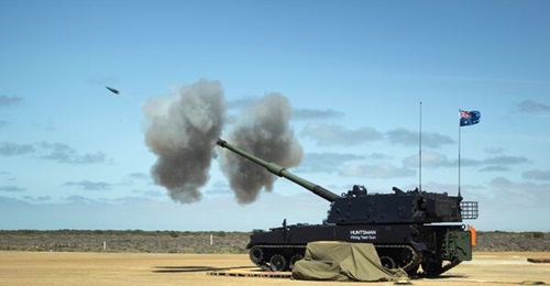An Australian Army AS9 Huntsman self-propelled howitzer test-fires a practice round at the Proof & Experimental Establishment in Port Wakefield.