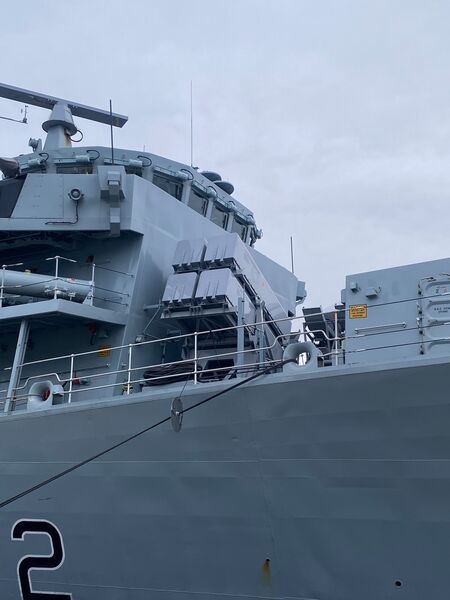 HMS 
        
         seen at Haakonsvern Naval Base on 14 December after receiving its NSM outload. The NSM launcher hardware is fitted in the space forward of the bridge previously occupied by Harpoon.