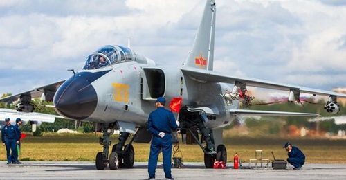A PLAAF JH-7 aircraft, presumed to be the JH-7A2 variant, photographed in early August 2019 during the Aviadarts competition of the International Army Games held in Russia. The upgraded variant was displayed to the public at Airshow China 2021 in Zhuhai.