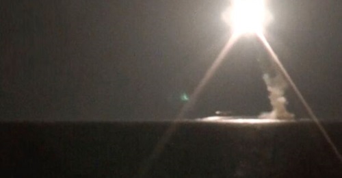 A still from the video released by the Russian MoD on 4 October showing the Tsirkon hypersonic cruise missile being test launched from a submarine for the first time.