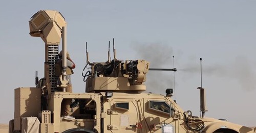 The US Army's 30 mm counter-UAS turret in M-LIDS fires at a target from Udairi Range, Kuwait.