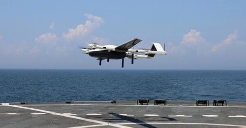Skyways' V2.5 separate lift cruise VTOL UAS takes off from the flight deck of Military Sealift Command's USNS 
        
         (T-AO 188) fleet replenishment oiler when the ship was at sea in the Atlantic Ocean on 16 July 2021. NAWCAD is see...