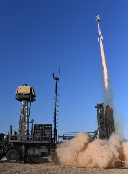 A photograph released on 10 January 2024 shows a Rafael SPYDER All in One air-defence system launching a Python missile in a test.