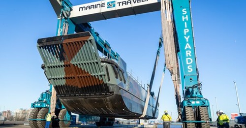 The first of five Dutch navy landing craft utility (LCU) Mk IX vessels to undergo its MLU, 
        
        , is launched at De Haas Shipyards in Rotterdam on 9 January.
