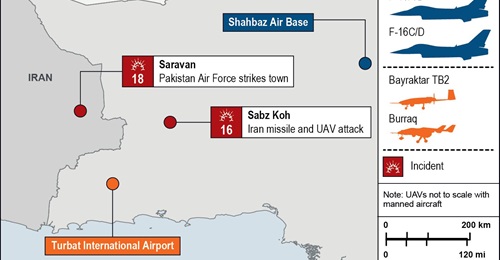 Pakistan's retaliatory strike on 18 January was in response to an Iranian attack on 16 January. PAF assets at Shahbaz airbase and Turbat International Airport were possibly used in the strike.