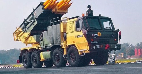 The Pinaka 214 mm (12-round) MBRL is an all-weather, indirect fire, free-flight artillery rocket system. The system is designed for shoot-and-scoot operations and is based on a locally manufactured Tatra 8×8 truck chassis.
