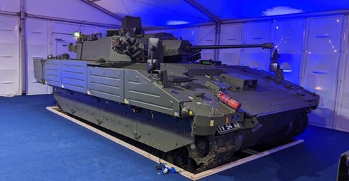 An Ajax armoured vehicle displayed at Defence iQ's IAV 2024 conference held in London from 22 to 25 January.