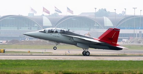 Boeing T-7A tail number 7002, the first to be delivered to the USAF, taking off from St Louis Lambert International Airport, Missouri, co-located with Boeing's factory.