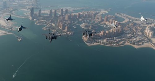 Qatar Emiri Air Force (QEAF) Dassault Mirage 2000-5s (on the far left and far right) operate with QEAF Dassault Rafales and US Air Force Boeing F-15Es over Doha in 2020. The QEAF has since withdrawn its 12 Mirages in service, leading to Indonesia's int...