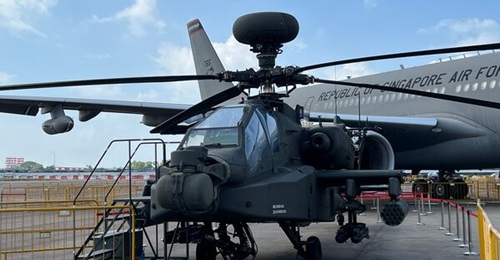 A Republic of Singapore Air Force Apache AH-64D helicopter seen here at the Singapore Airshow 2024.
