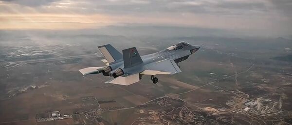 Screengrab of a video showing the first flight of the Kaan combat aircraft on 21 February 2024.