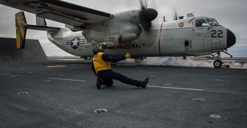 A C-2A Greyhound launches from the USS 
        
         in 2017. C-2As are back on west coast carrier decks after the grounding of their replacement, the CMV-22B.