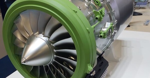 A full-scale Kawasaki KJ300 turbofan engine displayed at the Singapore Airshow 2024.