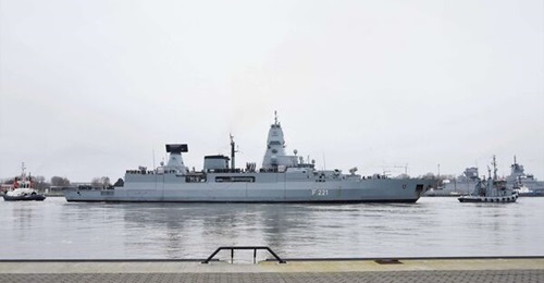 is pictured departing Wilhelmshaven naval base on 8 February to join the EU's new maritime security mission to protect commercial shipping in the Red Sea.