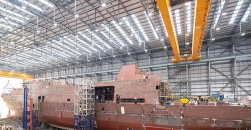 Images released by Babcock in February 2024 showing progress being made on the hullform and superstructure of the future HMS 
        
        at its facilities in Rosyth, Scotland.