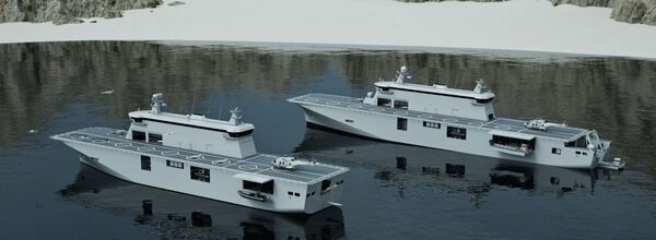 A computer-generated image of Damen's MPSS 7000 design, with the larger MPSS 9000 behind.