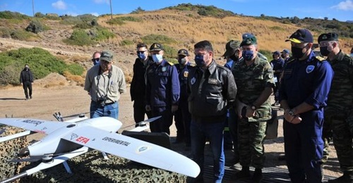Greece's Archytas UAV being presented to Deputy Minister of National Defence Nikolaos Chardalias during the recent 'Parmenion-21' exercise.