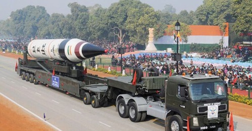 The Agni V - pictured above taking part in India's Republic Day parade in 2013 - is a nuclear-capable missile that can carry either a single warhead or multiple warheads over ranges up to 5,500 km.