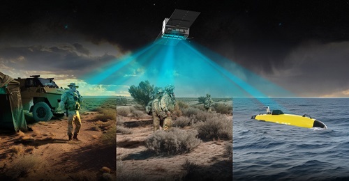 A computer-generated image (CGI) showing how, under the ASCEND2LEO programme, Fleet Space's Centauri satellites are being leveraged to develop a low Earth orbit satcom system that can connect defence assets and personnel.