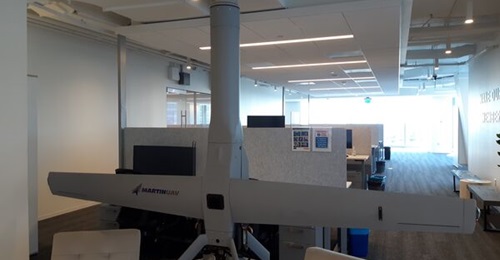 Shield AI's Martin UAV V-Bat tailsitting fixed-wing vertical take-off and landing unmanned aerial vehicle as seen on 1 October 2021 in Shield AI's office outside Washington, DC. Shield AI is offering the new V-Bat variant, the 128, for FTUAS Increment ...