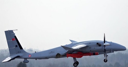 A Bayraktar Akinci takes off with a Roketsan Çakir cruise missile for the test-firing announced on 1 March.