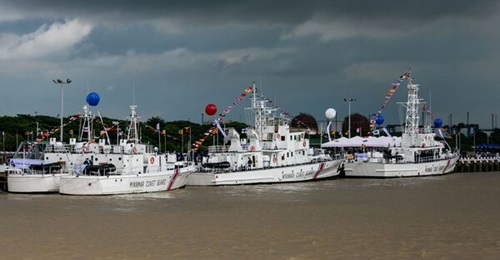 Myanmar Coast Guard vessels seen here during the service's inauguration in Yangon on 6 October 2021.