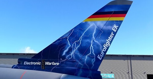 Saab has been contracted to deliver its Arexis electronic suite for the Luftwaffe's Eurofighter EK aircraft, a mock-up of which was displayed at the ILA Berlin Air Show in 2022 (pictured).