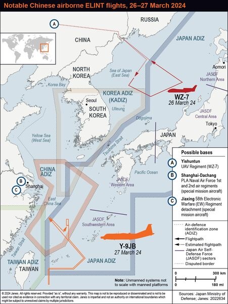 The Japan MoD has disclosed two airborne ELINT flights by Chinese PLA aircraft near Japanese airspace on 26 and 27 March 2024.