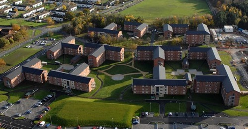 An aerial view of Single Living Accommodation (SLA) blocks at Catterick Garrison, North Yorkshire, when they were newly built in 2011. The UK defence estate contains roughly 96,000 buildings of all descriptions.