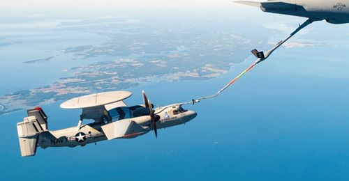 A US Navy E-2D Advanced Hawkeye demonstrating its aerial refuelling capability.