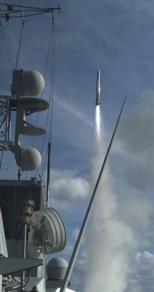Raytheon is seeking to improve operations in RF-cluttered environments for ESSM Block 2 missiles, shown here being tested by Royal Canadian Navy frigate HMCS 
        
         in November 2022.