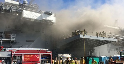 The decommissioning of amphibious assault ship 
        
         after the fire, shown here, in April 2021 created a shortfall for such ships in the fleet.