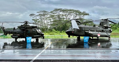 A Republic of Singapore Air Force H225M and CH-47F seen here at a ceremony where full operational capability was declared for both aircraft types.